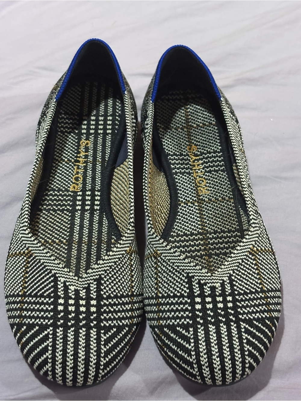 Rothy's Black, Cream & Blue Plaid Ballet Flats